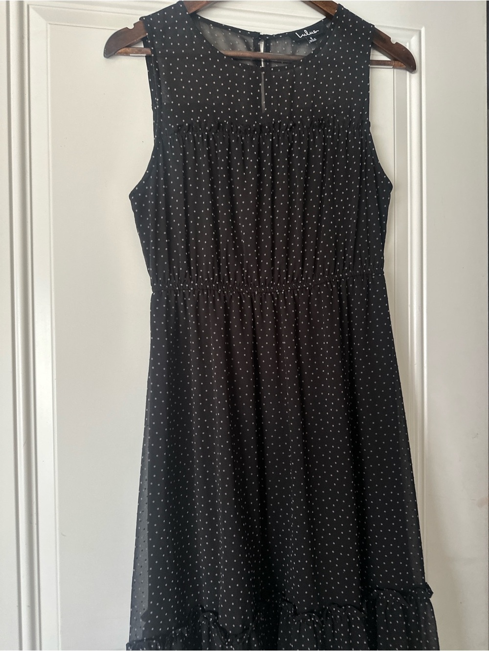 LULUS Afternoon Stroll Black Polka Dot Midi Dress Size S NWOT Ruffle Chiffon Dot - Picture 3 of 9